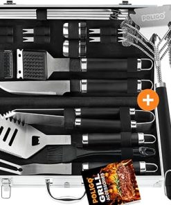 POLIGO 22 PCS BBQ Grill Accessories Set in Aluminum Case Bundle with 2 Different Types Safe Grill Brush and Scraper for All Barbecue Grills - Ideal Birthday Christmas BBQ Set Gifts for Men Dad