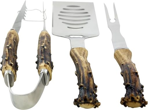 PINE RIDGE Antler Handle Grilling Set for BBQ Outdoors Style Cooking and Grill, 3 Piece