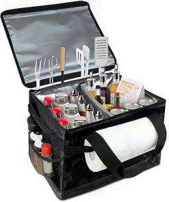 Large Grill Caddy with Lid Picnic Utensil Caddy Storage Bag with Paper Towel Holder for Outdoor Grill BBQ Cooking, Party, Travel (Black)