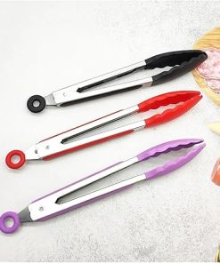 BBQ Tongs, BBQ 1Piece 9 Inch Food Tong Stainless Steel Grill Tongs Non-Slip BBQ Salad Grilling Tong Household Kitchen Cooking Tools Accessories(Black 1pc) 2
