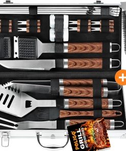POLIGO Safe Wire Grill Brush and Scraper for All Barbecue Grill Bundle with 22PCS BBQ Grill Accessories in Aluminum Case - Stainless Steel Grill Utensils Set Ideal Christmas BBQ Gifts for Dad Men