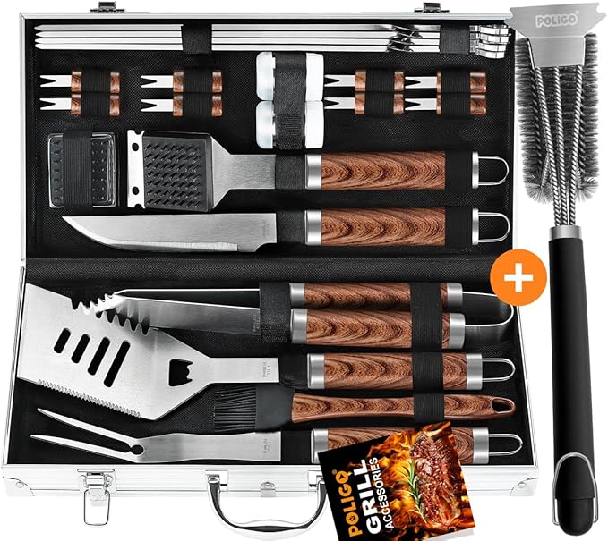 POLIGO Safe Wire Grill Brush and Scraper for All Barbecue Grill Bundle with 22PCS BBQ Grill Accessories in Aluminum Case – Stainless Steel Grill Utensils Set Ideal Christmas BBQ Gifts for Dad Men POLIGO Safe Wire Grill Brush and Scraper for All Barbecue Grill Bundle with 22PCS BBQ Grill Accessories in Aluminum Case - Stainless Steel Grill Utensils Set Ideal Christmas BBQ Gifts for Dad Men