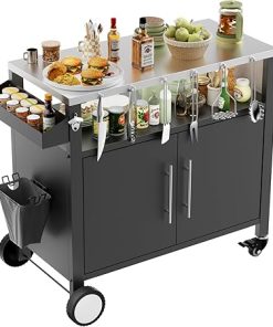 Outdoor Grill Cart with Patio Furniture, Outdoor Grill Table with Storage,Rolling Bar Cart Outdoor BBQ Cart with Hooks and Spice Rack for Grilling Accessories(Double Door, Black)