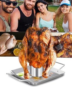 Stainless Steel BBQ Roaster Beer Wine Holder with Beer Can Barbecue Roasting Pan Tray Rack 2