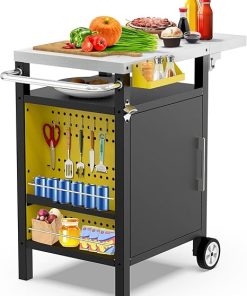 Outdoor Grill Cart with Storage Cabinet, Kitchen Island Prep Table with Pegboard, Grill Table Rolling Bar Cart 19.7" x 32.6" with Foldable Side Tabletop for Outside Patio BBQ