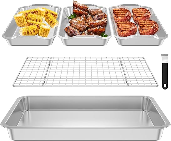 6Pcs Grill Basket Set, Stainless Steel Large Grill Pans, Outdoor BBQ Grilling Accessories Set with Cooling Rack, Universal Handle and Tray 16.5″ x 11″ Pan for Outdoor Grills for Vegetables, Fish, Meat 6Pcs Grill Basket Set, Stainless Steel Large Grill Pans, Outdoor BBQ Grilling Accessories Set with Cooling Rack, Universal Handle and Tray 16.5" x 11" Pan for Outdoor Grills for Vegetables, Fish, Meat