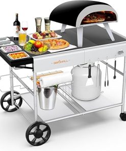 Pizza Oven Table Grill Cart with Pizza Topping Station Movable Food and Prep Workcart Outdoor Grill Table Stand for Ninja Woodfire Blackstone Griddle Cuisinart etc Grill
