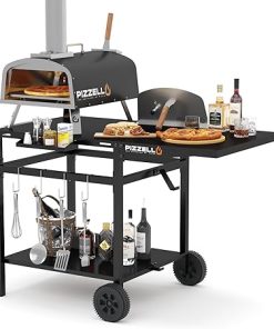 Outdoor Grill Table 44" x 26" Movable Pizza Oven Stand Foldable Double-Shelf Grill Cart Fit for 12/16inch Oven Ooni Ninja Woodfire Blackstone