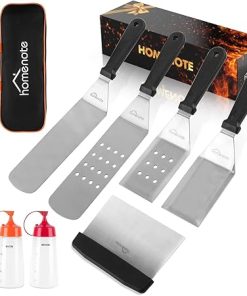 homenote Griddle Accessories Kit, 7-Pieces Exclusive Griddle Tools Long/Short Spatulas Set-12 Inch Heavy Duty Round Basting Cover Cheese Melting Dome with 7 inch Round Cast Iron Burger Bacon Press 2