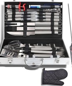 BBQ Grill Tools Set, Stainless Steel Accessories with Meat Thermometer & Injector, Complete Utensils Set for Foodies, Camping, and Barbecue Lovers