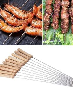 10 Pcs Stainless Steel BBQ Skewer with Wooden Handle Reusable Picnic Barbecue Outdoor Cooking Tool Kitchen Accessories 2