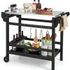 Giantex Grill Cart Pizza Oven Stand, HDPE Outdoor Prep Table, Stainless Steel Top, Storage Shelf, 4-Bottle Wine Rack, 5 Hooks, Movable Dinning Cart Cooking Table with Wheels for BBQ Party Camping