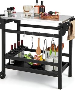 Giantex Grill Cart Pizza Oven Stand, HDPE Outdoor Prep Table, Stainless Steel Top, Storage Shelf, 4-Bottle Wine Rack, 5 Hooks, Movable Dinning Cart Cooking Table with Wheels for BBQ Party Camping