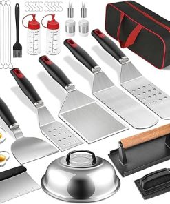 Griddle Accessories Kit, 36PCS Complete Flat Top Grill Accessories Set for Blackstone, Grill Spatula Set with Enlarged Spatulas, Burger Press, Basting Cover, Scraper for Outdoor BBQ, Teppanyaki, Red