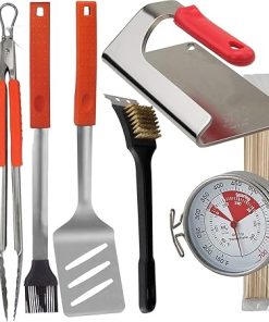 TigerChef Grill Set Stainless Steel Non Slip Rubberized Utensils Basting Fork, Locking Tongs, Spatula, Basting Brush, Bamboo Skewers, BBQ Grill Oven Brush, Steak Weight, & Grill Surface Thermometer