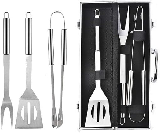 MaGiLL 3-Piece Barbecue Tools Set, Stainless Steel Barbecue Accessories BBQ Grill Utensils Kit for Backyard Barbecue Outdoor Grilling Camping Picnics, with Spatula, Tong, Forks,