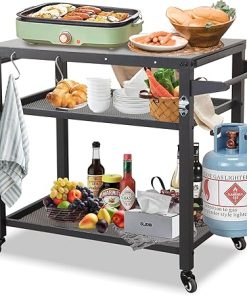 Domi 3-Shelf Outdoor Grill Cart with Wheels, Pizza Oven and Food Prep Table, Blackstone Table with Propane Tank Hook, Grill Stand for Outside BBQ