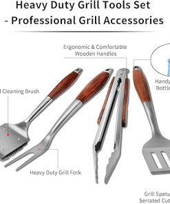 FJNATINH Heavy-Duty Grilling Accessories Rose Wooden BBQ Grilling Tools Set,Outdoor Grill Set with Spatula, Fork, Brush & Tongs,Essential Accessories for Barbecue & Grill. Ideal Gift for Men 2