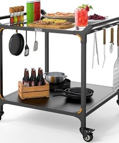 NUUK Grill Cart Pizza Oven Table for Outdoor, 32" x 32" Grilling Prep Table with Double-Shelf Stainless Steel Rolling BBQ Kitchen Food Prep Cart for Garden Patio