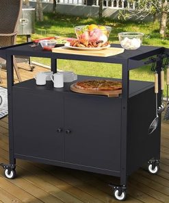 Outdoor Grill Table with Storage, Movable Grill Cart, Outdoor Kitchen Island Prep Stand Station,Blackstone Griddle Stand, BBQ Serving Cart Rolling Bar Cart with 4 Utensil Hooks