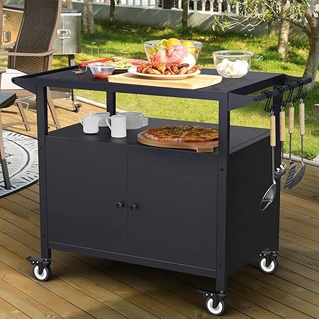 Outdoor Grill Table with Storage, Movable Grill Cart, Outdoor Kitchen Island Prep Stand Station,Blackstone Griddle Stand, BBQ Serving Cart Rolling Bar Cart with 4 Utensil Hooks Outdoor Grill Table with Storage, Movable Grill Cart, Outdoor Kitchen Island Prep Stand Station,Blackstone Griddle Stand, BBQ Serving Cart Rolling Bar Cart with 4 Utensil Hooks