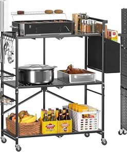 Foldable Outdoor Grill Cart with 3-Tier, Grill Table with 2 Locking Casters, Multi-Functional BBQ Cart, Portable Pizza Oven Stand Table, Rolling Kitchen Island for Outside, Black