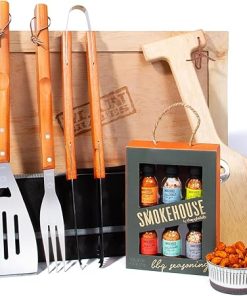 Man Crates, Backyard Steakhouse Crate – 3-Piece Grilling Tool Set, Smokehouse BBQ Rub Set – Hardwood Grill Scraper with Bottle Opener – Great Gift for Men