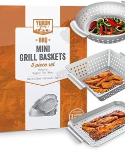 Grill Basket - Yukon Glory™ 3-Piece Mini Grilling Basket Set - Stainless Steel Perforated Grill Baskets for Grilling Veggies Seafood and Meats Includes Grill Pan - Square Basket and Circular Basket
