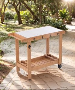 Outdoor Grill Cart Table with Metal Top, 43.3 x 19.7 inch, 2-Shelf Storage, Wheels, Brown 2