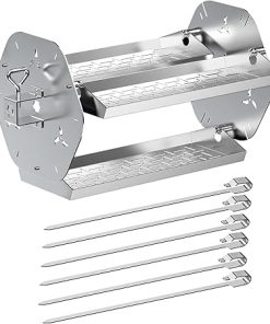 Skyflame Rotisserie Trays with Shish-Kebab Skewer Set, 2 in 1 Stainless Steel BBQ Rotisserie Kit Including Rotating Basket and Skewers, Fits for 3/8" & 5/16" Square, 1/2" & 3/8" Hexagon Spit Rods