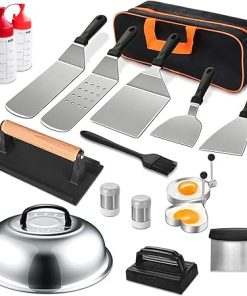 17PCS Griddle Accessories Kit for Flat Top Grill, BBQ Tools Set with Spatulas, Egg Rings, Basting Cover, Scraper, Bottles & Carry Bag – Stainless Steel Grill Kit for Outdoor Cooking