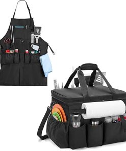 Large Grill Caddy & Large BBQ Grilling Apron, BBQ and Picnic Bag Organizer with Lid & Paper Towel Holder & Cooking Apron for Men with Pockets & Slit Hem for BBQ Supplies Tool