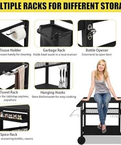 Black Outdoor Grill Cart Table with Wheels, Movable BBQ Food Prep Table, Pizza Oven Worktable,Kitchen Dining Cart with Wheels, Food Prep Table Grill Stand for Outside BBQ 112 x 59 x 82CM 2