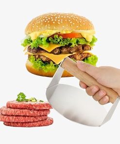 misppro Manual Burger Press Wooden Handle Bacon Steak Heavy Duty Easy to Clean Non-Stick Cooking for Griddle Accessories Restaurant – Round 2