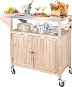 Outdoor Grill Table, Solid Wood Grill Cart with Storage, Outdoor Prep Table with Stainless Steel Top, XL BBQ Tables Cart, Movable Kitchen Island for Outside Backyard Patio, Natural Wood