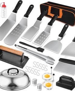 Blackstone 27Pcs Pro Griddle Accessories Set, Grill Tools for Blackstone with XL Spatulas, Scrapers, Bacon Press, Basting Dome, Spice Jars - Flat Top BBQ Kit with Storage Case