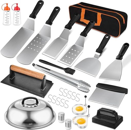 Blackstone 27Pcs Pro Griddle Accessories Set, Grill Tools for Blackstone with XL Spatulas, Scrapers, Bacon Press, Basting Dome, Spice Jars - Flat Top BBQ Kit with Storage Case