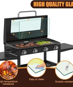 Upgraded Glass Hinged Griddle Lid Hood for 36″ Blackstone Griddle Grill Lid Hood Replacement Parts with Thermometer for 36 Inch Blackstone 1554 2149 2122 2151 4-Burner Griddle Hard Cover 2