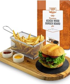 Yukon Glory™ Burger Serving Set, Perfect For Foodies, Burger Lovers and Tablescapes, Includes Premium Acacia Wood Board With Slate, Stainless Steel Fry Basket and Porcelain Condiment Cups,