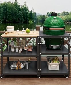 Grill Table for Big Green Egg Accessories,Compatible with L to Mini Models Big Green Egg,Kamado Joe,Heavy Duty Metal Outdoor Grill Station Prep Table with Storage 2