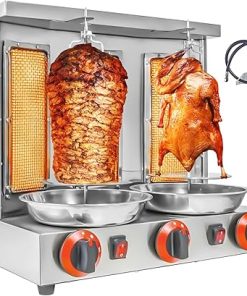 Shawarma Machine 3 Burners Kebab Grill Vertical Rotisserie with 2 Auto Spinning spits for Meat Rotisserie, Chicken Roast, Silver