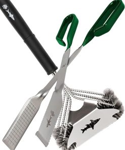 Shark BBQ 13 Inch Green Scissor-Style Grill Tongs & Stainless Steel Wire Brush Set: 2-Piece Barbecue Accessories, Long-Reach, Rust-Resistant, Best for Grilling & Camping