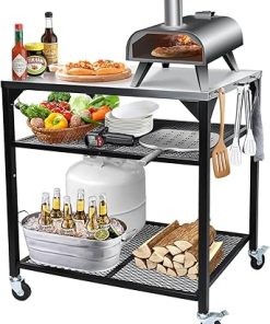 Hisencn Pizza Oven Table Cart for Ninja Woodfire, Blackstone, Cuisinart Pizza Oven, Stainless Steel Portable Grill Table Grill Stand, Movable Food Prep Cart