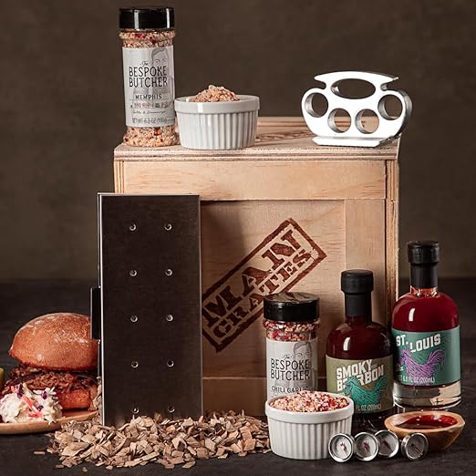 Man Crates Grill Master Crate with Wood Chips, Smoker Box, Thermometer, Tenderizer, Sauce and Rubs 2 Man Crates Grill Master Crate with Wood Chips, Smoker Box, Thermometer, Tenderizer, Sauce and Rubs - Image 2