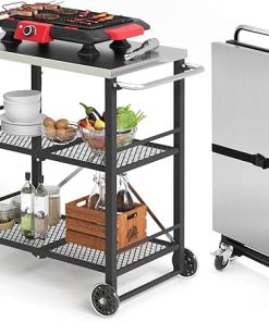 LUE BONA Foldable Outdoor Grill Cart with 2 Total Lock Casters, Stainless Steel Pizza Oven Stand, Rolling BBQ Table and 3 Shelf Folding Kitchen Island, Black
