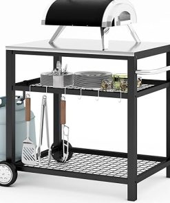 Movable Food Prep and Work Table Stainless Steel Grill Cart Modular Table with Wheels and Handle Double-Shelf Commercial Kitchen Tables Heavy Duty Pizza Oven Stand Outdoor