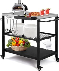 Stainless Steel Outdoor Grill Cart with 3-Tier Shelves & Lockable Wheels | Heavy-Duty Pizza Oven Stand & Prep Table for Patio | Movable BBQ Workstation with Tool Hooks & Paper Towel Holder