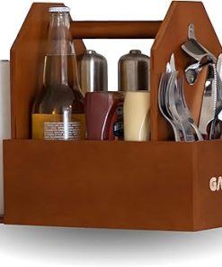 Wooden BBQ Caddy Organizer – Rustic Grill Utensil & Condiment Holder with Handle, Paper Towel Rack & Bottle Opener – Portable Storage Tray for Outdoor Cooking, Patio, Picnic & Camping