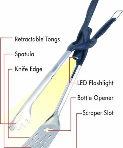 Jokari Pro Grade 6 in 1 Lighted Grill Set. All In One Industrial Strength Tool Includes Easy Grip Handle, Spatula, Adjustable Tongs, Knife Blade, Scraper, LED Flashlight, BBQ Skewers and Bottle Opener 2