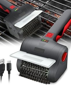Auto Dynasty Cordless Electric Grill Brush, 8V Power Rechargeable Grill Cleaning Scrub Brush with Rotating Cleaner Brush Head and Type-C Charging Cable for BBQ Accessories Grill Bot, Red/Black